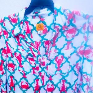 Nautical preppy coastal print top green & white geo & lobster print